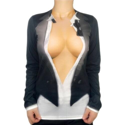 Sexy Tuxedo Bow Tie Print Halloween Costumes for Women Funny Girls Bachelorette Hen Party Long Sleeve T Shirt Plus Size