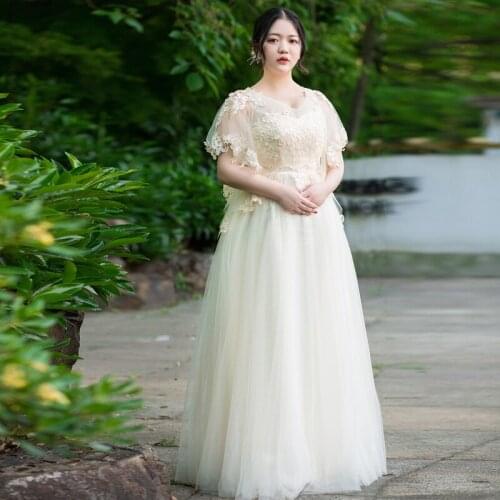 Formal Evening Dresses Champagne V-neck Three Quarter Embroidery Floor-Length Lace Up Plus Size A-Line Women Party Dress D062