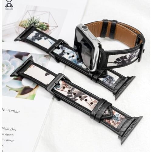 Vintage ink painting leather strap for Apple Watch series 7 6 SE 5 4 3 pin buckle leather Chinese style strap for iWatch 41 45mm