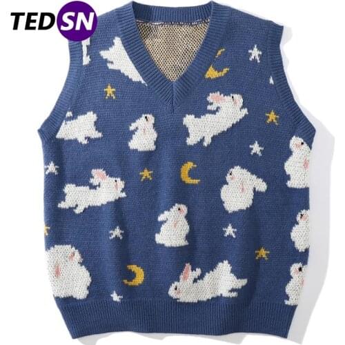 TEDSN Knitted Sweater Vest Kawaii Sleeveless Top Men Women Tank Oversize Loose Pullover Casual Korean Cute 2021 Autumn Clothes