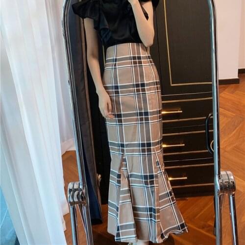New Fall Elegant Trumpet Skirt 2021 Party Club Split Mermaid Plaid Skirts Woman High Waist All Match Autumn Long Jupe