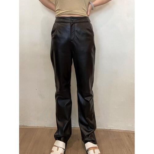 Cago Pants Women 2021 Autumn Winter Korean Fashion Genuine Sheepskin Leather Pants High Waist Streetwear Women Trousers Female