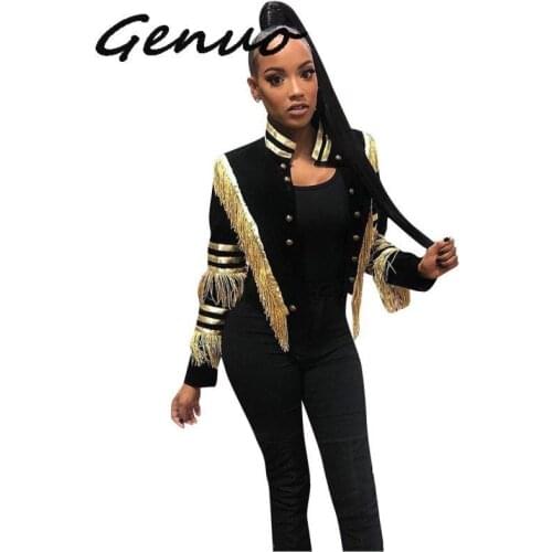 Gold Tassels Patchwork Autumn Cropped Coats And Jackets Women Long Sleeve Button Up Bomber Jacket Causal Glitter Slim Black Coat