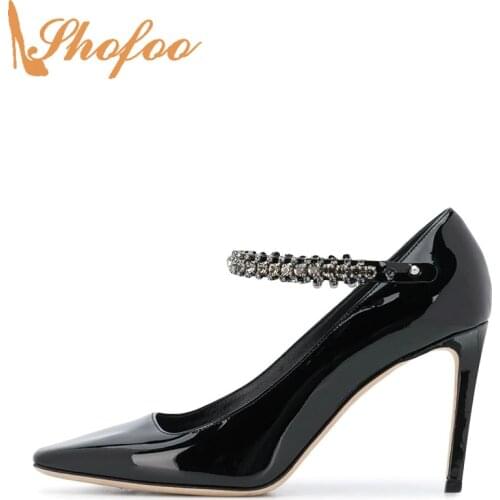 Black Patent Leather Square Toe Crystal High Thin Heels Pumps Woman Large Size 12 16 Ladies Fashion Party Mature Shoes Shofoo