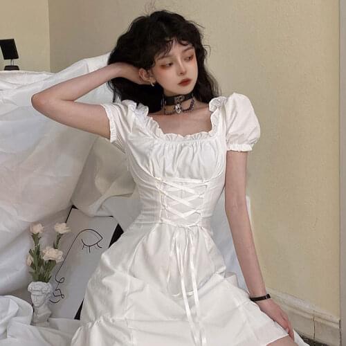 White Gothic Harajuku Ghost Horse Dresses Vintage Square Collar Bandage Bow Puff Sleeve Sweety Ruffle Preppy Style Dresses