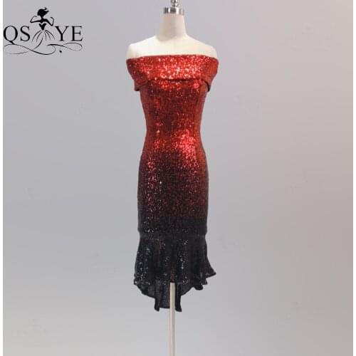 Off Shoulder Red Short Sequin Prom Dress Black Mermaid Evening Gown Strapless Neck Party Formal Gown Fit Stretch Women New Dress