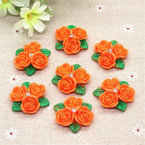 10pcs Kawaii Resin Orange Flower with Crystal Rhinestone Flatback Cabochon DIY Craft,30mm