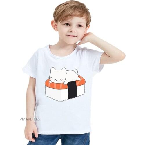 2018 Summer Girls & Boys Short Sleeve T shirt Children Kawaii Sushi Cat Print T-shirt Baby Kids Cartoon Funny Clothes,HKP5690