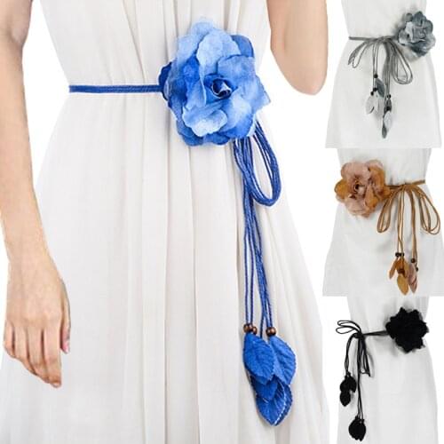 2020 Casual Wild Chiffon Big Flower Ladies Thin Belt Sweet Knotted Waist Chain Korean Long Tassel Decorative Womens Dress Belt