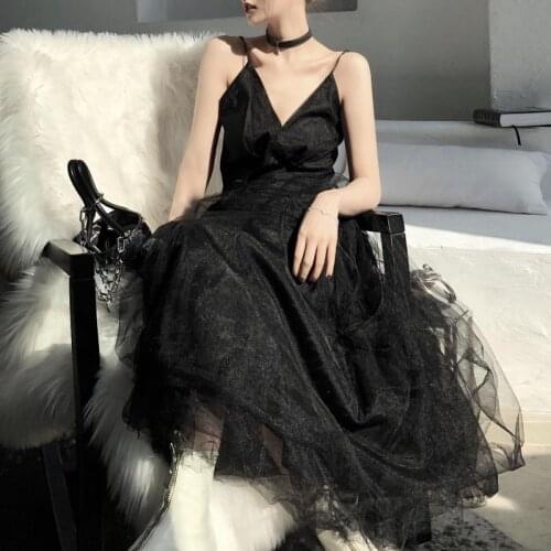 V Neck Spaghetti Strap Long Maxi Dresses Women High Waist Mesh Sexy Black Dress Female Sweet Fairy Vestidos Mujer Y913