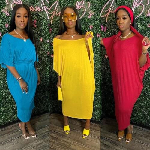 Yellow Red Blue Scoop Neck Half Batwing Sleeve Loose Dress Summer Dresses for Women Summer Solid Sashes Bohemian Holiday Dress