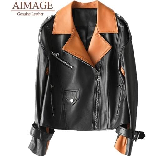 100% real sheepskin Haining leather jacket womens Genuine leather coat Contrast stitching Chaqueta Mujer Top Quality PY136