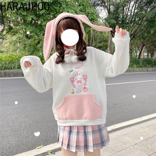 Woman Sweatshirts 2021 New Spring Korean Sweet Small Fresh Cute Rabbit Ears Cartoon Print Color Matching Kawaii Tops