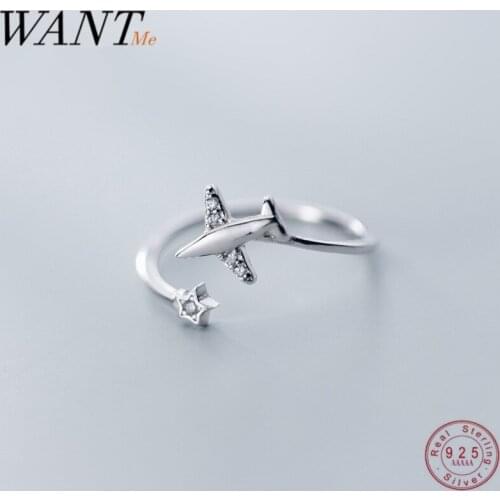 WANTME Fashion Opening Adjustable Aircraft Airplane Rings for Women Femme Genuine 100% 925 Sterling Silver Fine Jewelry Gift