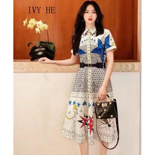 IVY HE High Quality Summer Dress Woman Clothing Elegant Vintage Cardigan Print With Belt Midi Long Dress Traf Robe Party Dresses