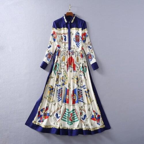2021 Spring Summer Free Shipping Lapel New Long Sleeve Empire Mid Calf Print Dress