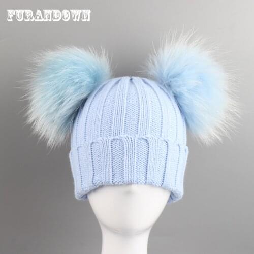 Winter Baby Knitted Hat With Two Fur Pompoms Boy Girls Natural Fur Ball Kids Beanie Cap Double Real Fur Pom Pom Hat For Children