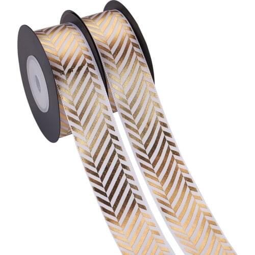 20 Yards Hot Stamping Polyester Fabric Gold Foil Satin Ribbon for Gift Wrap Sewing Craft Project DIY Bow Wedding Decoration