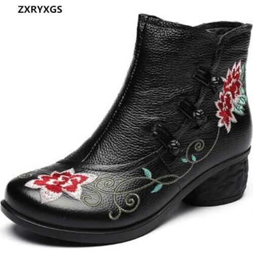 2021 Autumn Classic Embroidery Genuine Leather Boots Womans Fashion Boots Winter Warm Shoes High Heel Non-slip Women Boots