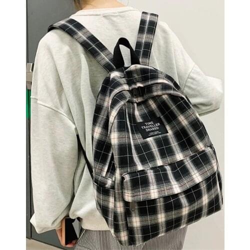2021 College School Bags Female New Rucksack Girls Boys Canvas Travel Women Students Plaid School Backpacks