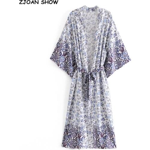 2021 Bohemia V neck Flower Print Maxi Long Kimono Shirt Ethnic Women Lacing up Tie Bow Sashes Cardigan BOHO Loose Blouse Tops
