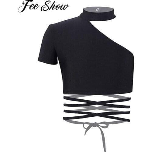#4-14 Kids Girls Halter Neck Asymmetric Single Shoulder Short Sleeve Sash Cropped Tops Casual Gym Wear Slim Sport Tops Dancewear