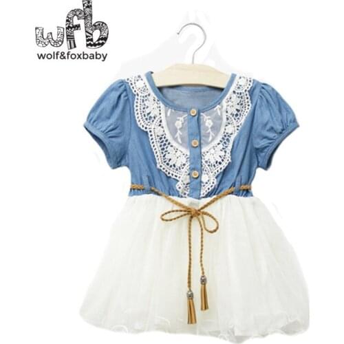 Retail 2-8 years dress Fold Denim solid color dress kids children spring summer autumn fall