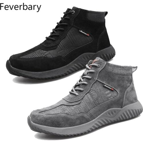 Feverbary High-top Work Shoes Mens Anti-smashing Anti-piercing Safety Shoes Flying Woven Light Work Shoes Men