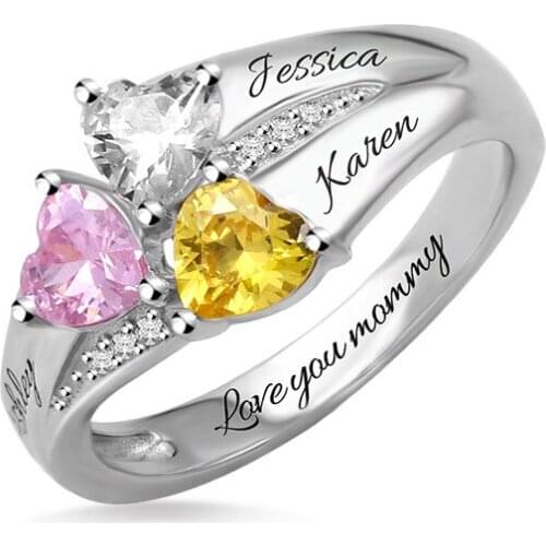 3 Heart Shape Birthstone Custom Ring Engraved Names Year Words Personalized Rose Gold Color Jewelry For Men Women Gift Parts