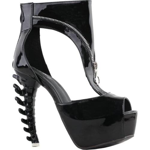 LF80712 SHOW STORY Retro Black Metal Zip Peep Toe Gladiator Platform Bone Heels Sandals