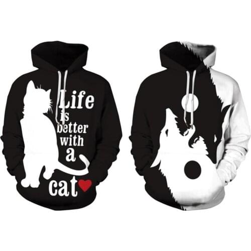 Unisex Fashion Long Sleeve Letters Yin Yang Wolf Print Blouse Hoodie Sweatshirt