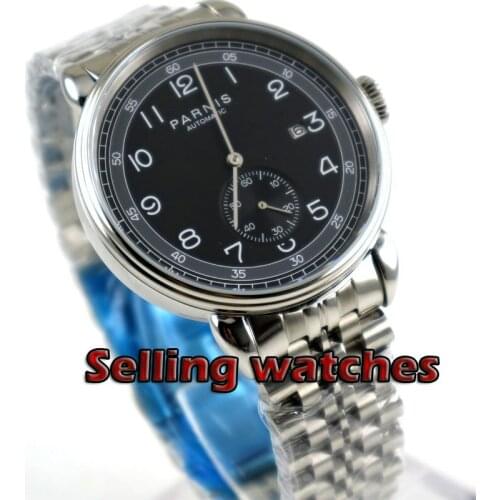 42mm PARNIS black Dial Date Indicator Stainless steel strap polished Case Automatic Mechanical mens Watch
