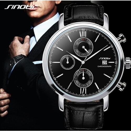 SINOBI 2020 Mens Watch Leather Stopwatch Date Waterproof Clock Man Quartz Watches Mens Watches Luxury Watches erkek kol saati