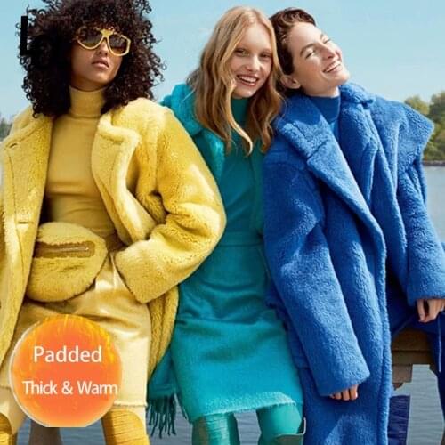Luck A Women Winter Vintage Long Sleeve Female Thick Teddy Bear Coat Casual Loose Oversize Outwears Faux Fur Warm Long Coat