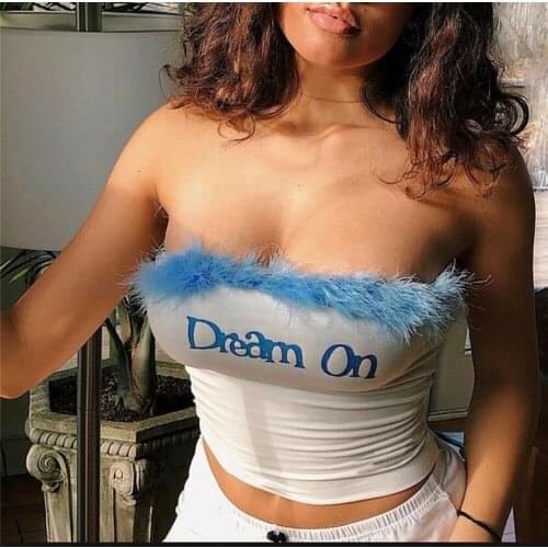 Sexy Women Strapless Blue Feather Sequined Letter Print Crop Top Vest Bra Boob Sleeveless Cami Tank Tops Summer Cami 2021