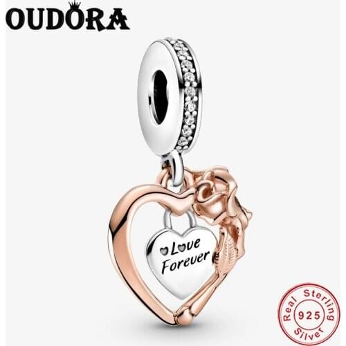 Fit Original Pandora Charms Bracelet 925 Sterling Silver Heart & Rose Flower Dangle Charm Pendant Fasion Jewelry Berloque Making