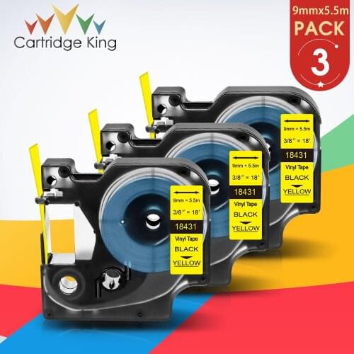 18431 9mm 3PK for Dymo Rhino Vinyl Label Maker DYMO Rhino 1000 3000 4200 5000 5200 6000 Black on Yellow Industrial Ribbon Tape
