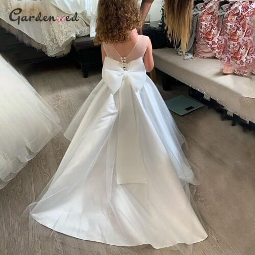Simple Ivory Flower Girl Dress Bow Girls Dress Baby Wedding Party Gown Cute Children Birthday Dress Princess Dress