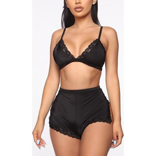 Sexy Women Lace Deep V-neck Lingerie Lace Bra Crop Tops High Waist Split Shorts Set Women Babydoll Nightwear Sleepwear Underwear