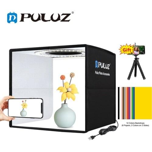 PULUZ 25cm Photo Studio Light Box with 12 Colors Background Mini Tabletop Lightbox Photography Soft Shooting Box Tent Ring Light