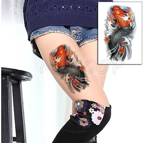 Tattoo Sticker Carp Fish Flower Water Element Temporary Fake Tatoo for Women Men Body Art