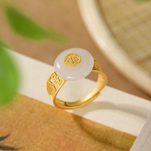 Inspired design new gold-plated inlaid natural Hetian jade round open ring elegant charm ladies silver jewelry