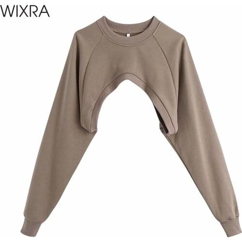Wixra Womens Short Sweatshirts Design Style 2021 Spring Summer New Solid Loose O Neck Tops Casual Pullover