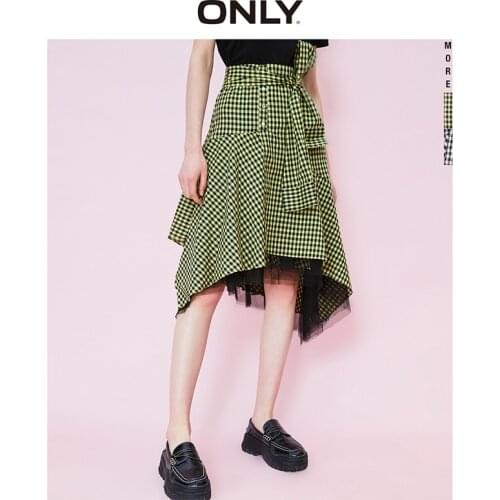 ONLY summer irregular mesh stitching plaid mid-length skirt women | 120216503