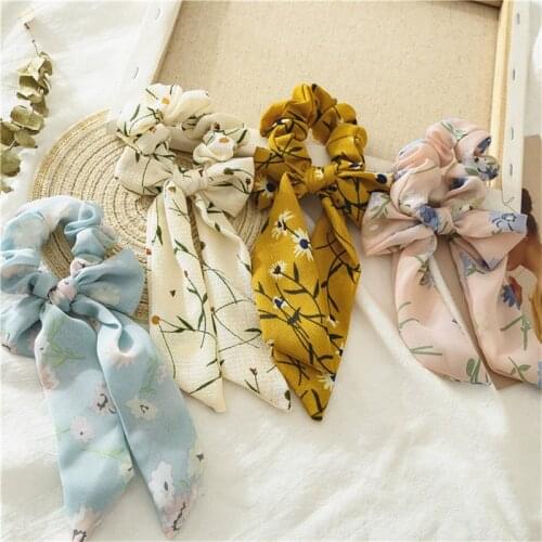 2020 New Fashion Floral Print Scrunchie Hair Band For Women Elastic Dot Hair Scarf Bow Rubber Ropes Girls Hair Ties Hair Jewelry
