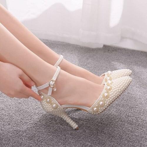 Women sandals wedding Party banquet PU Rhinestones Buckle Strap 7.5CM 9.5CM Thin High Heels Pointed Toe women shoes size 35-42