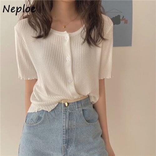 Neploe Ice Silk Knitted Sweater Female Summer 2021 New Korean Temperament O-neck Fuguns Solid Cardigans Loose Women Tops 82105