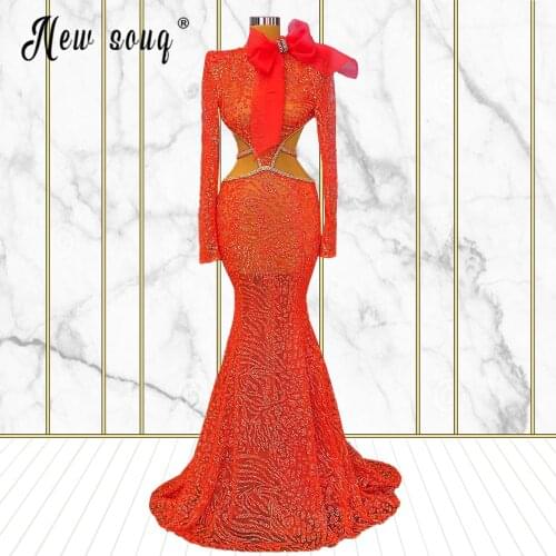 Elegant Red Bow Glitter Long Robes African Mermaid Celebrity Dresses Long Sleeve Couture Sexy Prom Gowns Red Carpet Runway Gowns