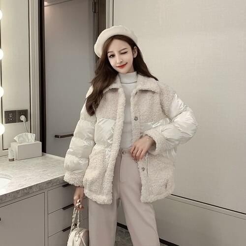 Autumn Winter Fuax Lamb Patchwork Turn-Down Collar Loose Women Female Lady Cotton Coat Jacket Outerwear