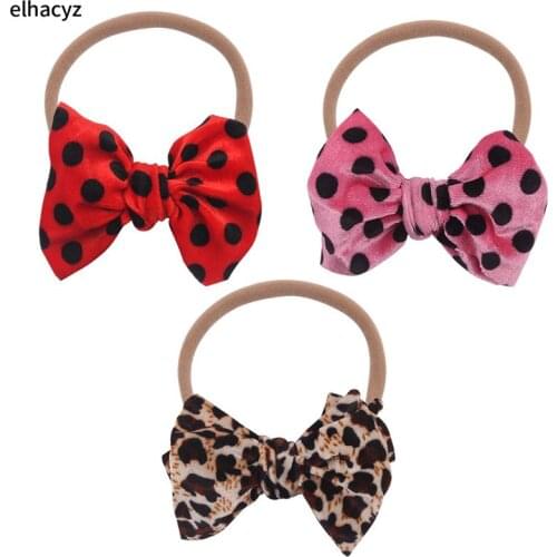 1PC 4.5'' DOT Leopard Velvet Hair Bows Headband Nylon Headbands Kids Girls Headwear Soft Elastic Hairband Baby Hair Accessories
